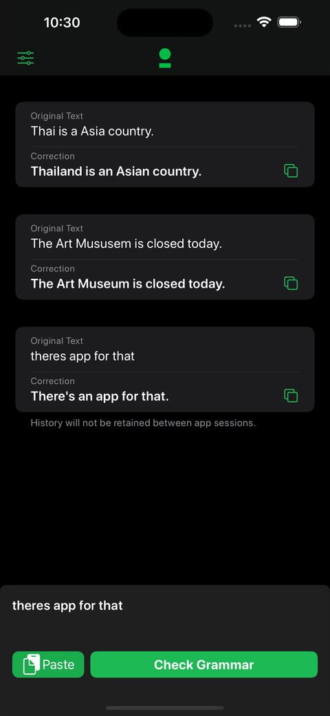 AI Grammar app correcting three sentences, showing each original text above its correction